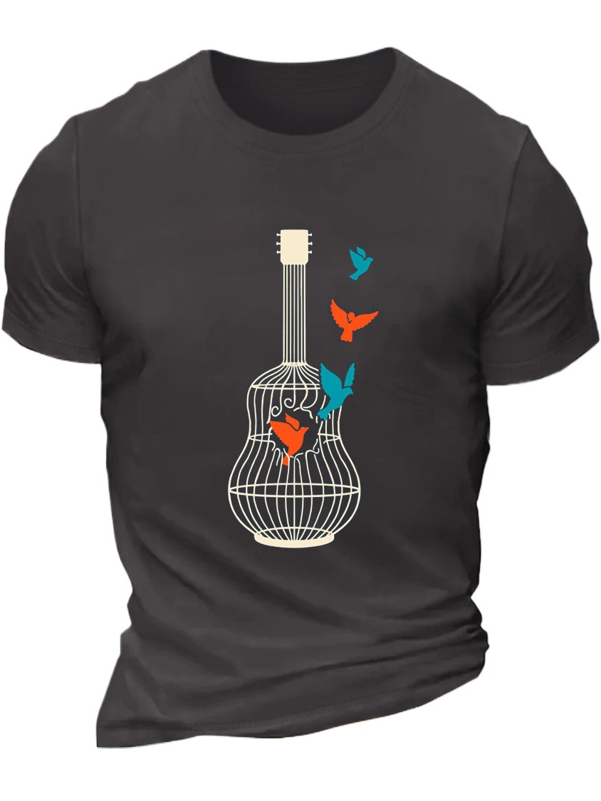 European & American Oversized Men's Guitar Birdcage Print Crew Neck Casual Cotton Letter T-Shirt - TT7453