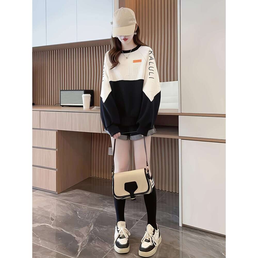 Embroidered Sweatshirt Embroidered Lettering Women S Casual Crew Neck Sweatshirt Beige Green Contrast Color Textured Fabric Long Sleeves Fall Winter