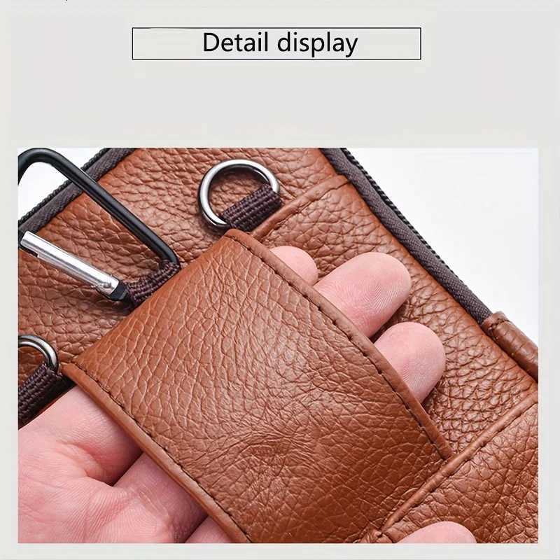 Mens genuine leather waist bag mtifunctial zipped phe pouch with adjustable shoder strap Y251011