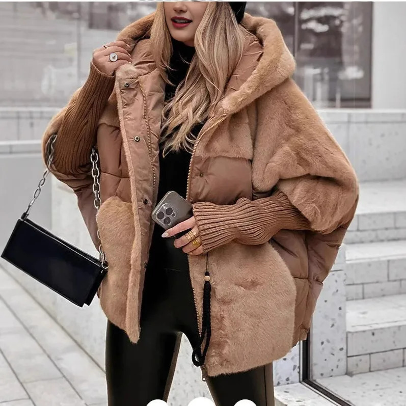 Women Parkas Thick Hooded Coats Zipper Button Spliced Parka Warm Casual Loose Solid Coat Cardigan Elegant Lady Winter 2025 251030