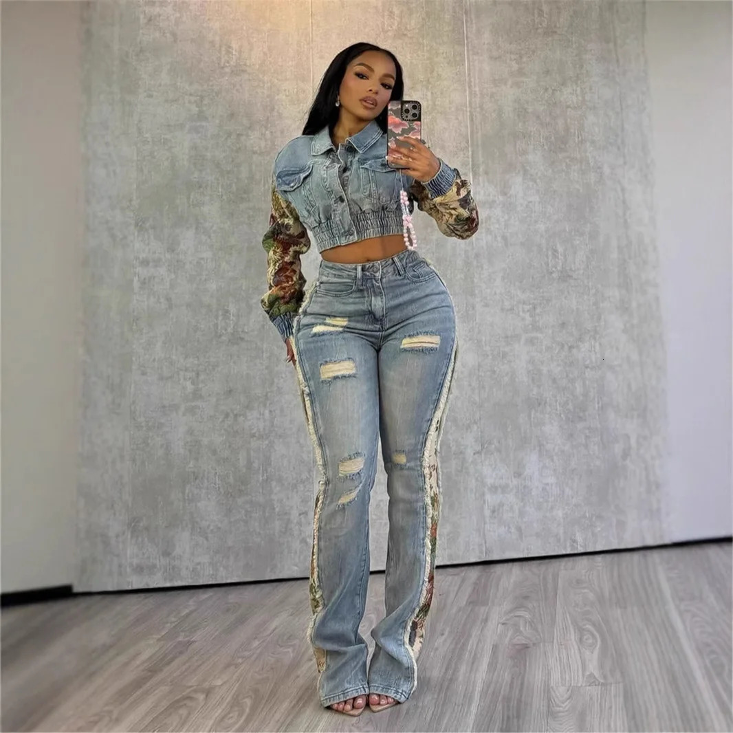 Jeans Suit Women Denim Two Piece Set Short Coat Pants Outfits Hole Trousers Flower Print Turn Down Collar Autumn Y2k 251029
