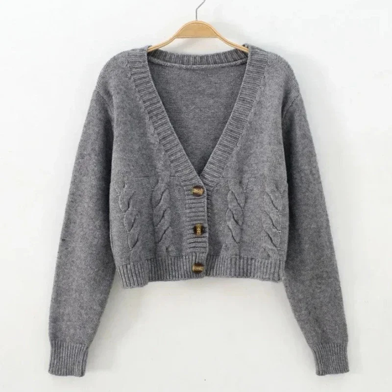 Korean Fashion Cardigan V Neck Cropped Women Long Sleeve Twist Knitted Sweater Coats Autumn Winter Keep Warm 251028