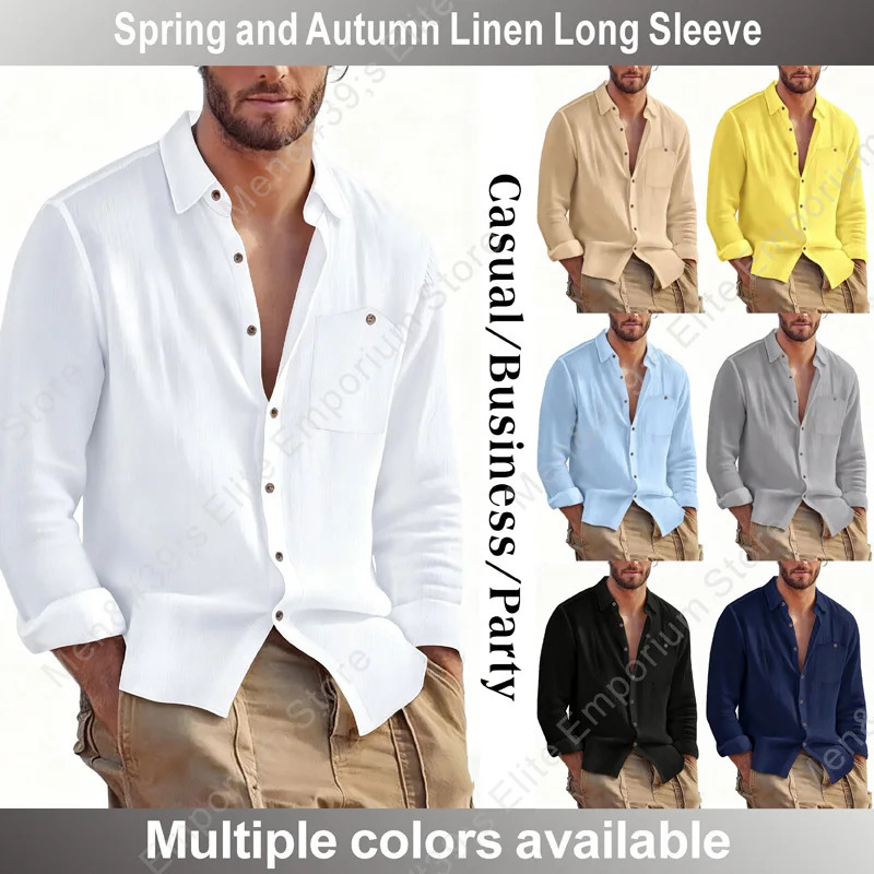 Mens spring and autumn linen cardigan long sleeved shirt casual loose breathable button top suitable for daily leisure or Party 251017