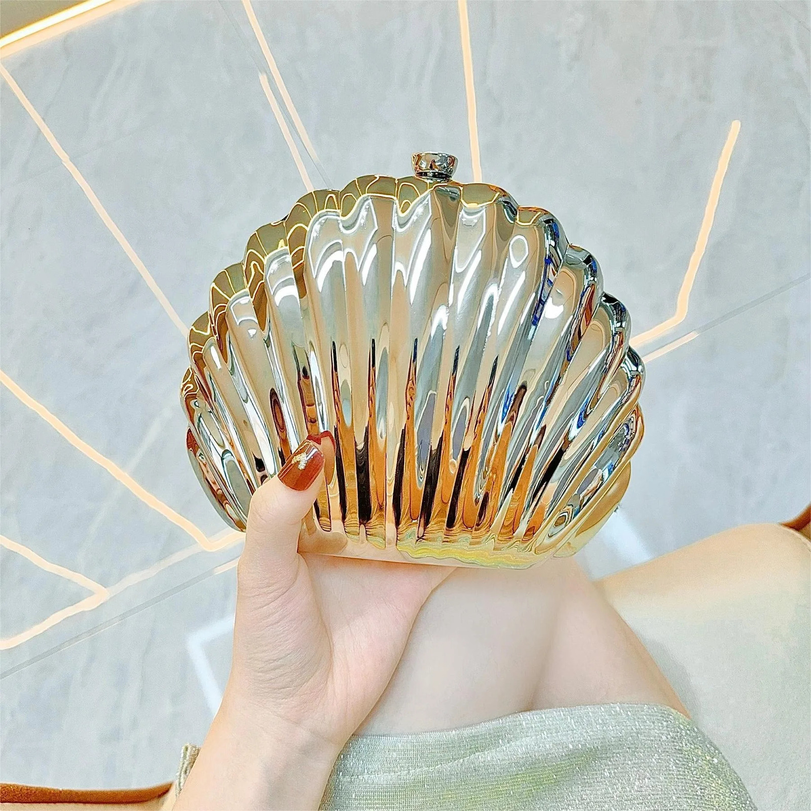 Women Silver Gold Shell Bag Cute Acrylic Evening Clutch Bag With Strap For Wedding Party Small Purses Handbags Ins 251030