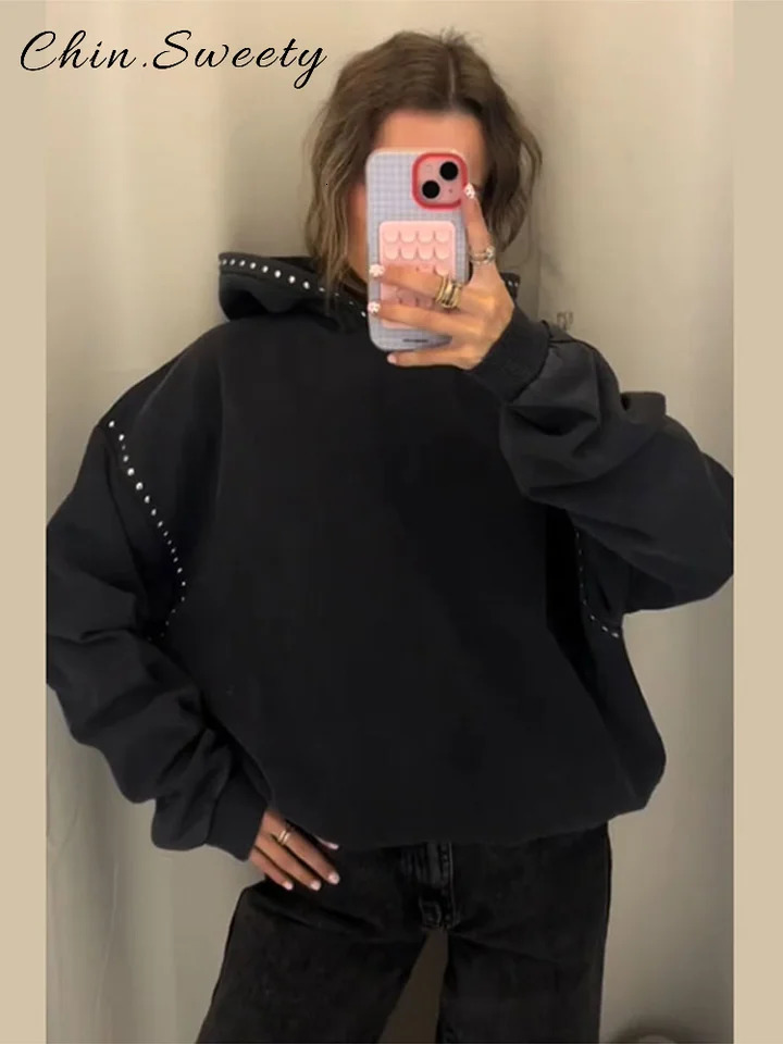 Chic Womens Rivets Hooded Sweatshirt Loose Solid Vneck Full Sleeve Pullovers Female 2025 Autumn Winter Lady Allmatch Outwear 251030