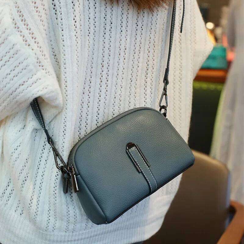 2025 Summer New Blue Beige Cross Shoulder Small 100% Real Cow Leather Women Messenger Bag Daily Use Phone Purse