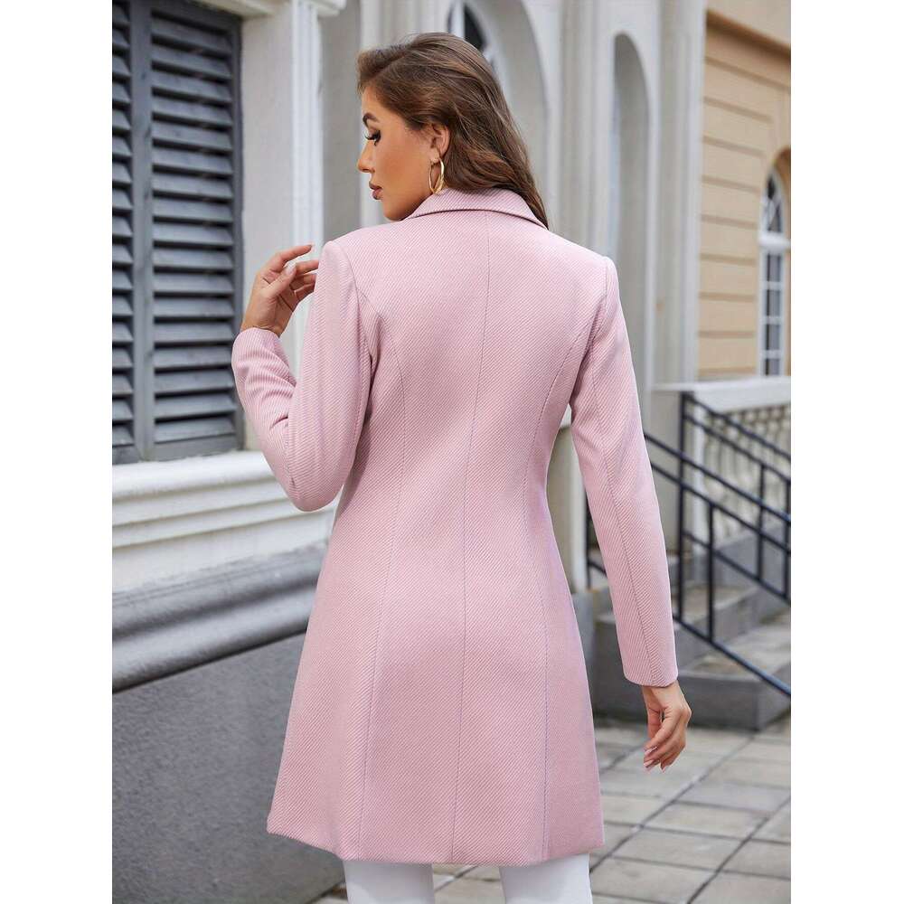Pink Women S Elegant Double Breasted Long Coat With Pockets Stylish Fall Winter For Casual Or Wear Office Wear Textured Fabric Jacket Structured Desig