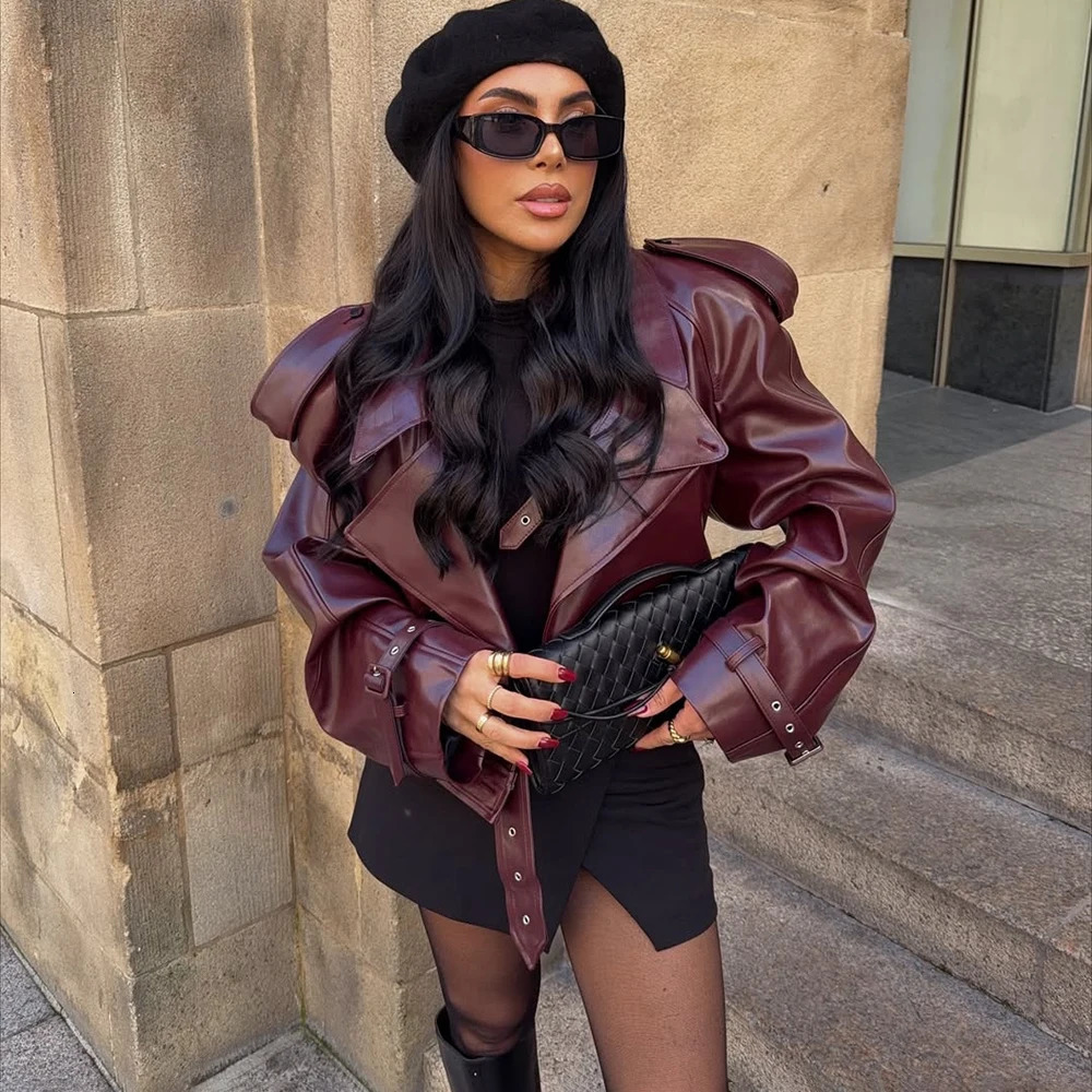 Talenza Women Vintage PU Leather Jacket Fashion Lapel Belt Patchwork High Waist Jacket Streetwear Casual Female Outwear 251029