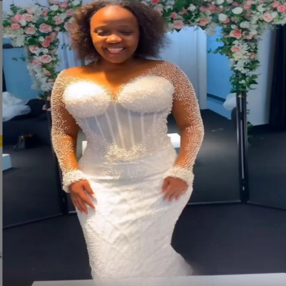 Ivory Wedding Dress Plus Size Beaded Pearls Beaded Sequined Detachable Train Sparkly Vintage Bridal Gowns Dresses