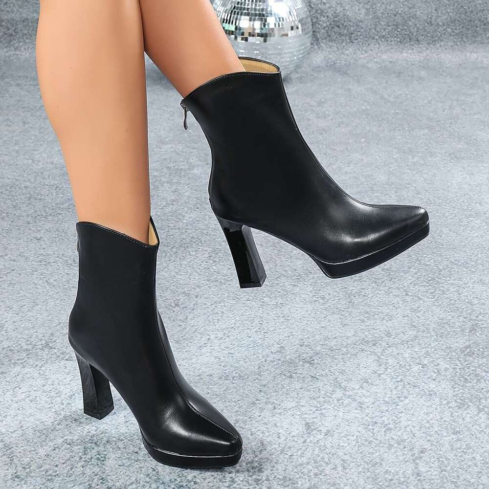 Ultra High Heels, High Quality Platform, Small Square Toe, High-Heeled With Back Zipper, Black Midsole Boots, Thick Heel, Winter Short Boots For Women