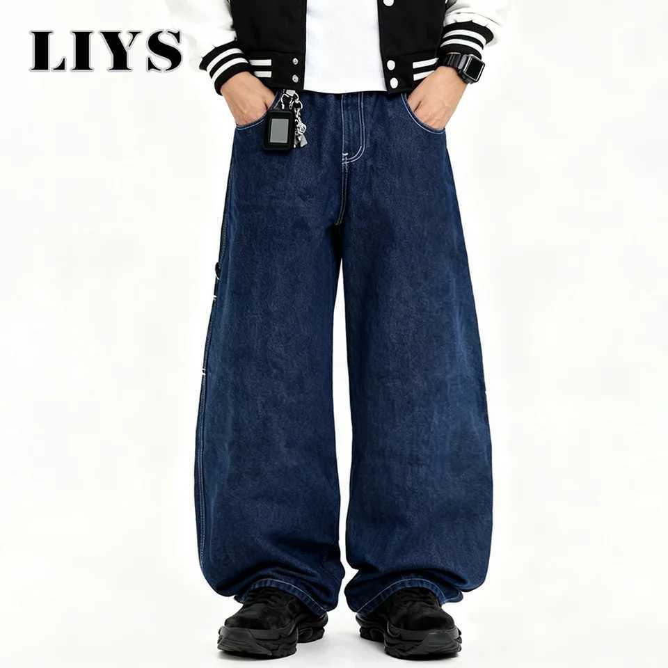Mens American Retro Animal Rabbit Embroidered Loose Wide Leg Jeans Unisex Clothes Blue Y2K Baggy Design Multi Pocket Denim Pant J251030