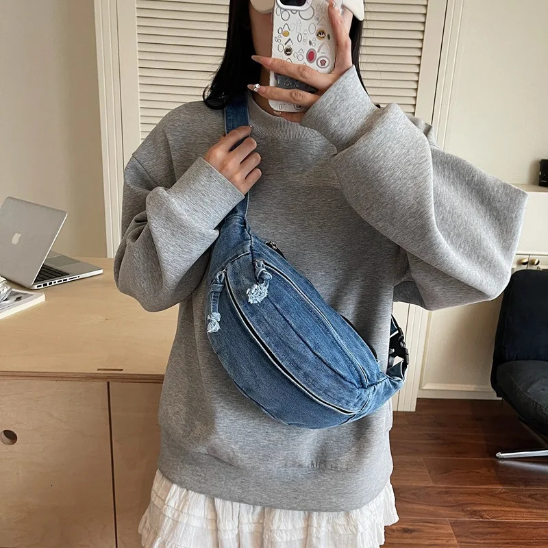Denim Shoulder Chest Bag for Women Sporty Casual Style Simple Fashionable Waist Bags Mobile Phone Crossbody Bag for Men 251030
