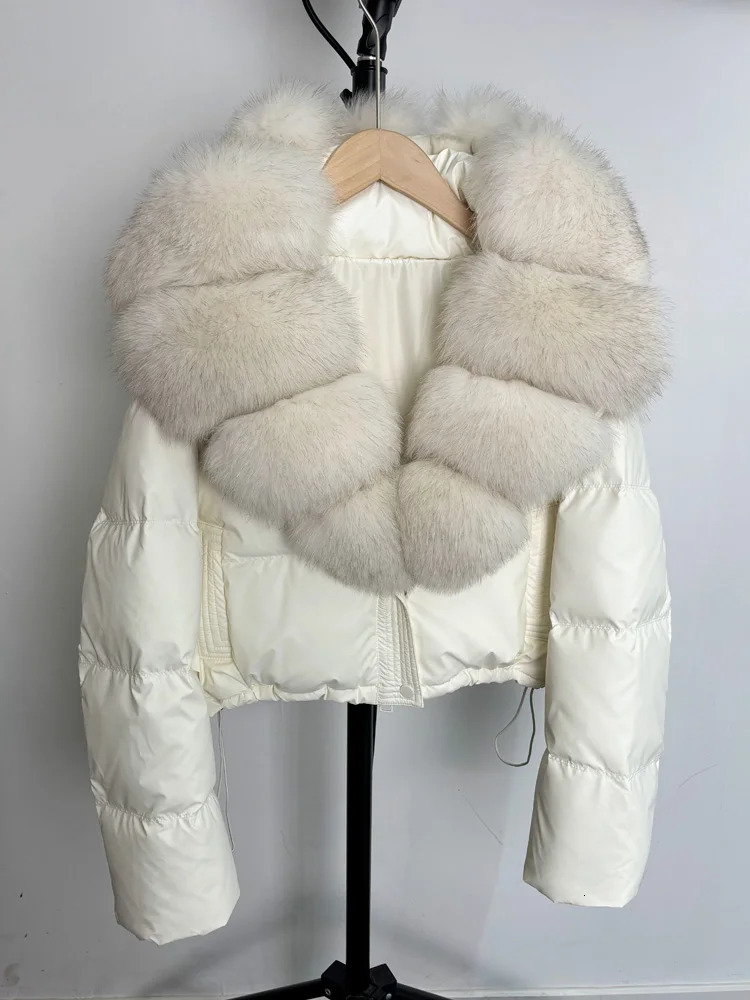 Janveny Large Natural Fox Fur Collar 90 White Duck Down Jacket Women Winter Short Waterproof PU Puffer Coat Female Thick Parkas 251023
