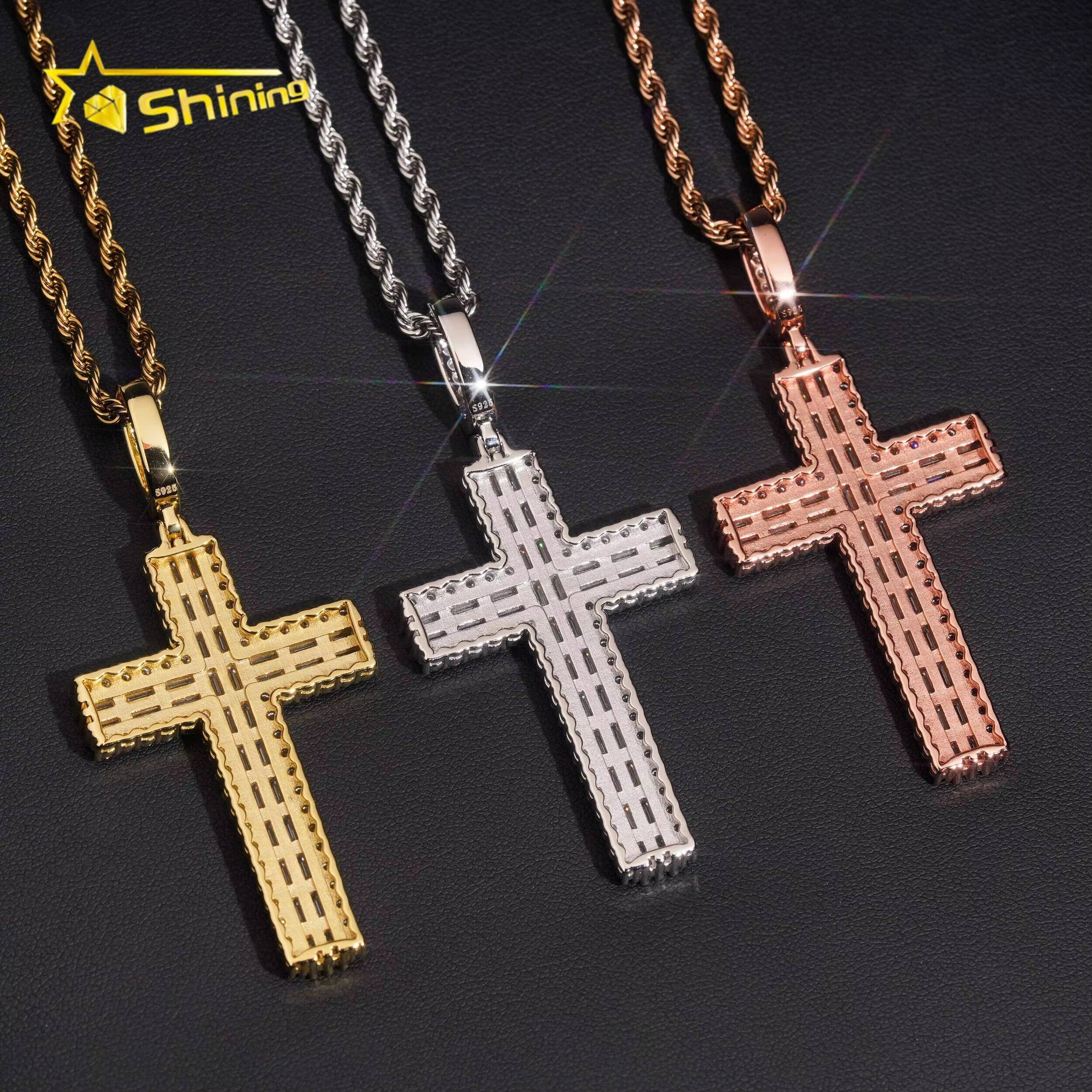 Hip Hop Necklace Iced Out Moissanite Cross Charm 925 Sterling Silver Gold Plated Baguette Moissanite Pendant Designer's style