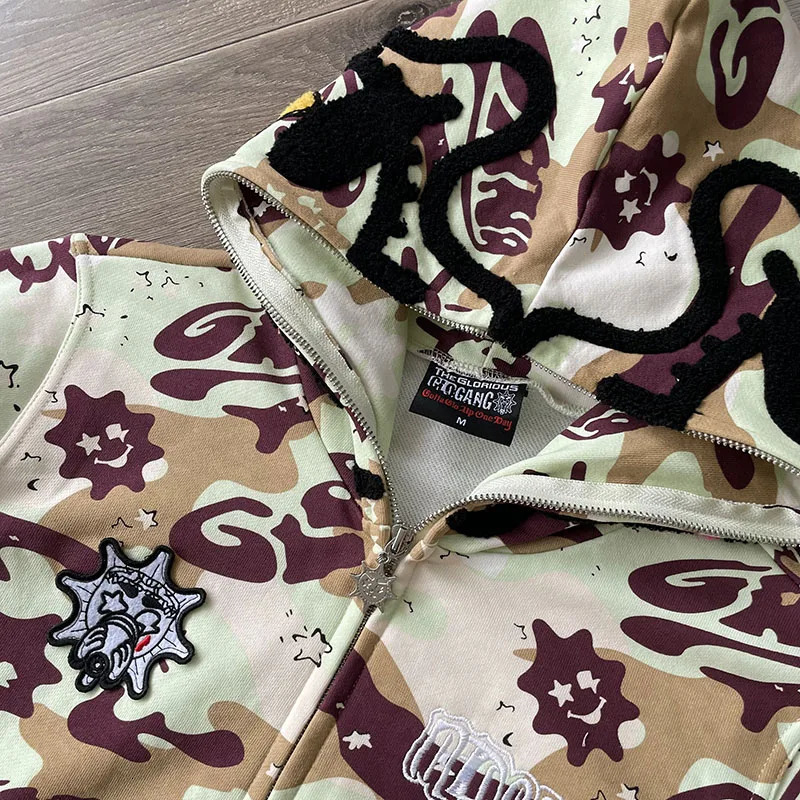 Glo Gang Sweatshirts Men Women Full Zip Hoodie High Street Trend Cartoon Print Sweatpants Po 251028