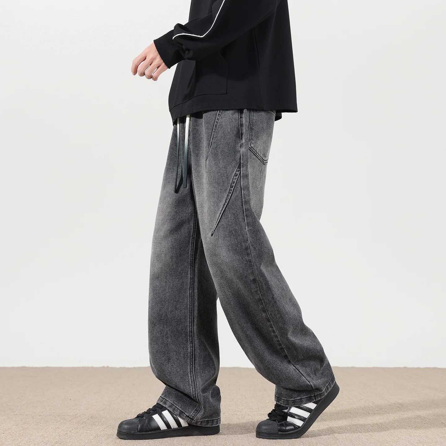 Jeans mens 2025 autumn new style American high street mens washed and worn drawstring trend straight leg denim pants J251030