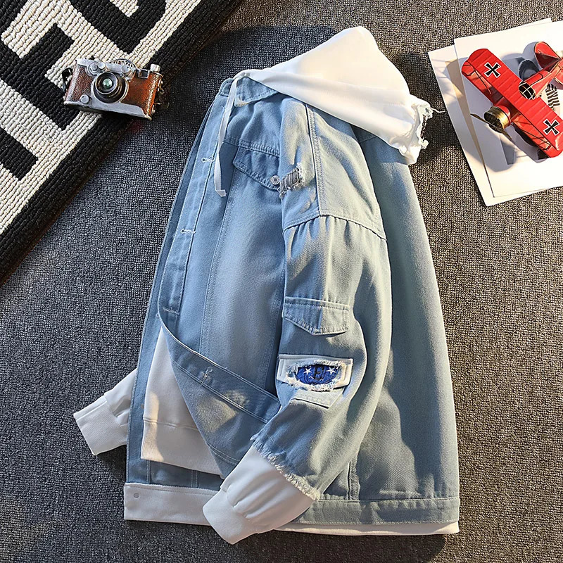 Korean Fake TwoPiece Denim Jacket for Men Hooded Trendy Patchwork Design Youthful BF Couple Street Outerwear 251029