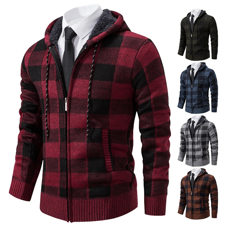 Autumn Winter Mens Cardigan Fashion Plus Velvet Padded Knit Jumpers Male Sweater Hooded Plaid Korean Coat 251017