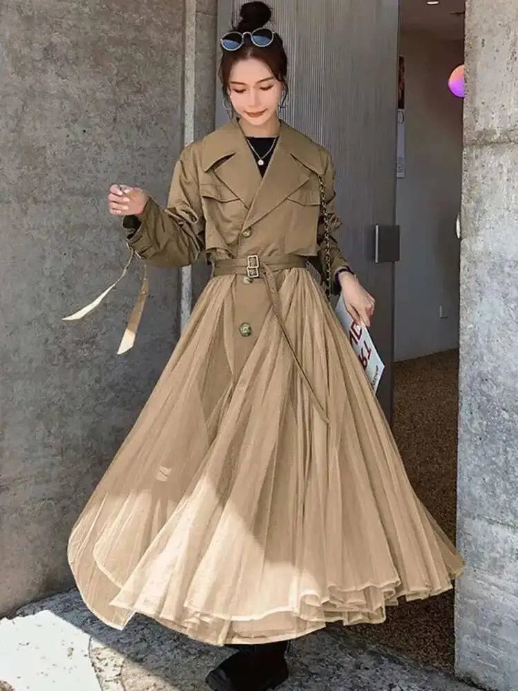 LANMREM Mesh Splicing Windbreaker For Women Lapel Long Sleeves Irregular Belt Trench Coat 2025 Spring Fashion Clothing 2DA8385 251029