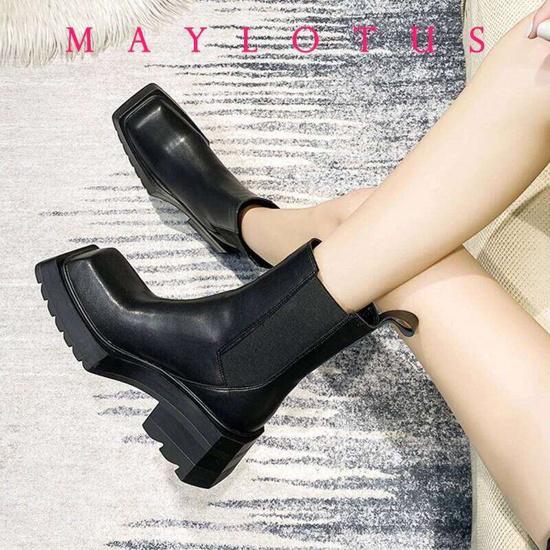 Women Cow Leather Square Toe Fashion Slip On Thick Sole Block Heel Ladies Flat Shoes Winter Ankle Boots