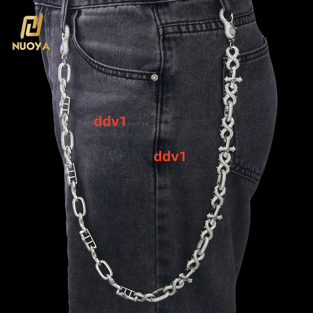 NUOYA Luxury Silver Plated Hip Hop Pants Chain Shiny Diamond Cross Micro Pave moissanite Spike Infinity Design Chain Jewelry Designer's style