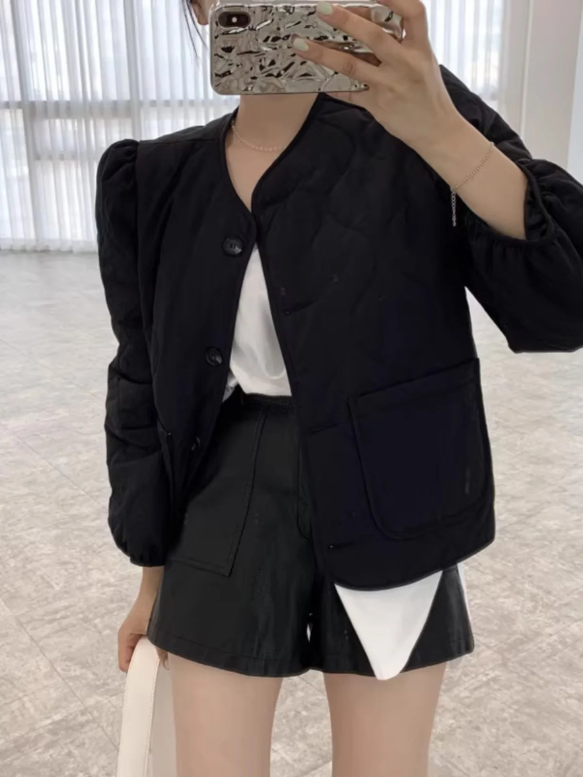 Winter ort Coat Womens Loose Fit Long Sve Bla Cotton Jaet Sli Agel Outerwear Top Button Detail Korean Sle 251030