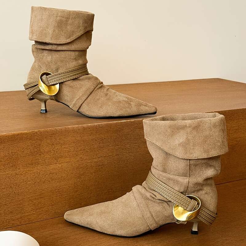 Women's Pointed Toe Wrinkle-Knee High-Heel With 5Cm Height Mid-Calf PU Cover-Like Texture, Buckle Strap Golden-Tone Hardware, All-Season Round-To