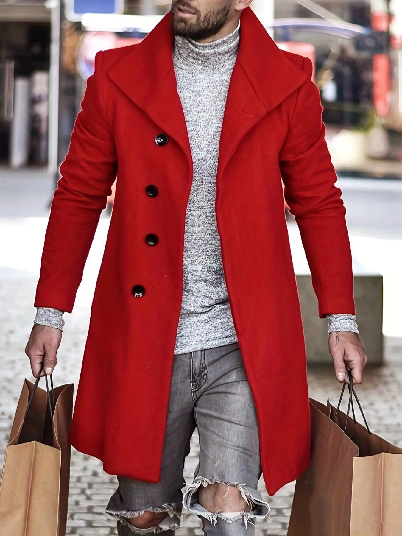 Mens Long Wool Coat Thickened Minimalist Trench with Stand Collar Urban Streetwear 251029