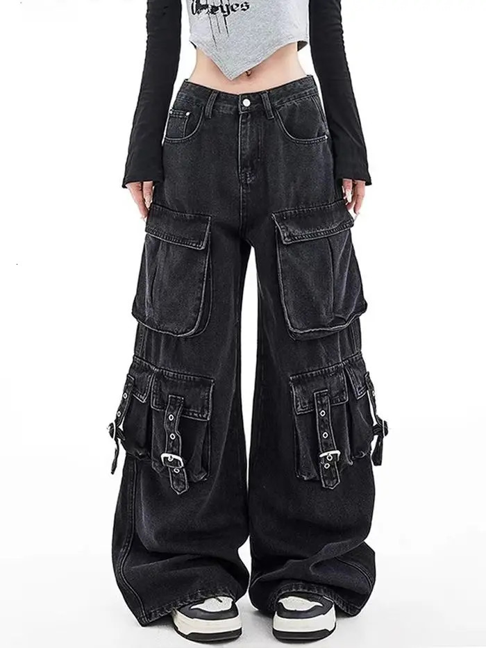 Black Gothic Punk MultiPocket Zipper Denim Jeans Men And Women Y2K American Baggy Fashion High Waist Loose WideLeg Jeans 251029
