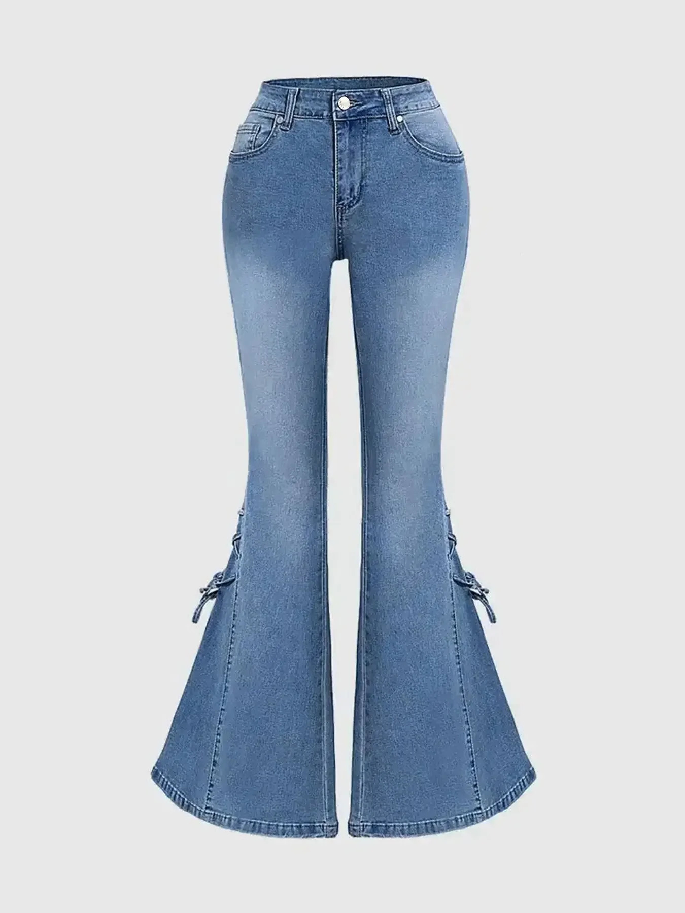 Y2k Jeans For Woman Medium Rise Elastic Bodycon Tied Bow Flare Pants Vintage Style Stretchy Denim Trousers 251029