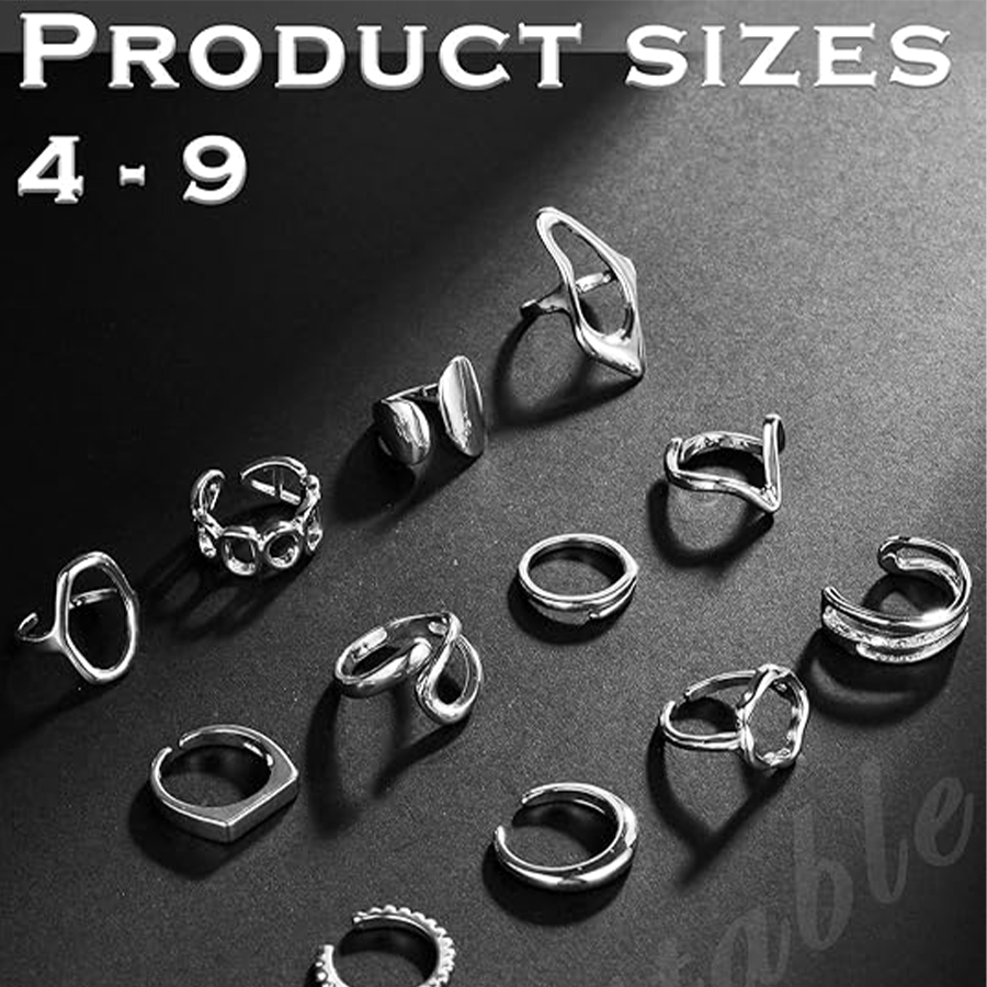 12Pcs Silver Stackable Rings Silver Plated Chunky Knuckle Finger Ring Geometric Bead Cloud Wave Flower Hollow Statement Bands Signet Open Rings Adjust