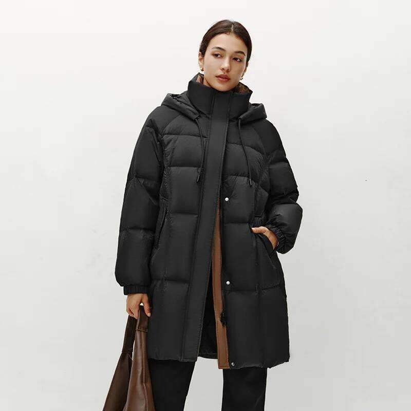 Semir Down Jacket Women Long Length Hooded Black Color Block Winter New Loose Outerwear Fashion Women's Wear