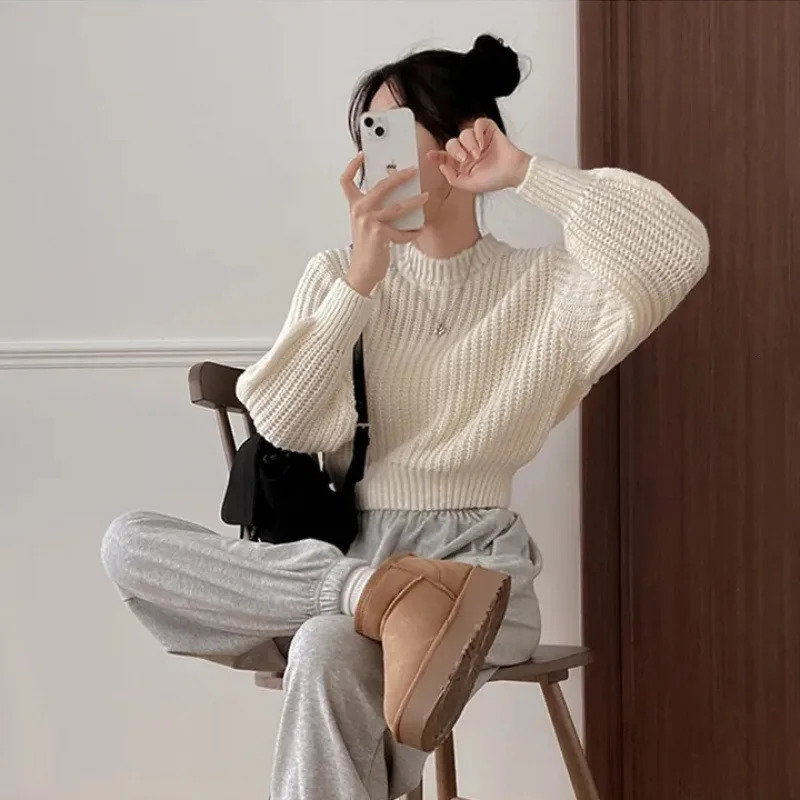 Casual Solid Color Knit Pullover Fashion Short Knitted Top Autumn Winter Elegant Oneck Long Sleeve Sweater Sweet Loose Knitwear 251028