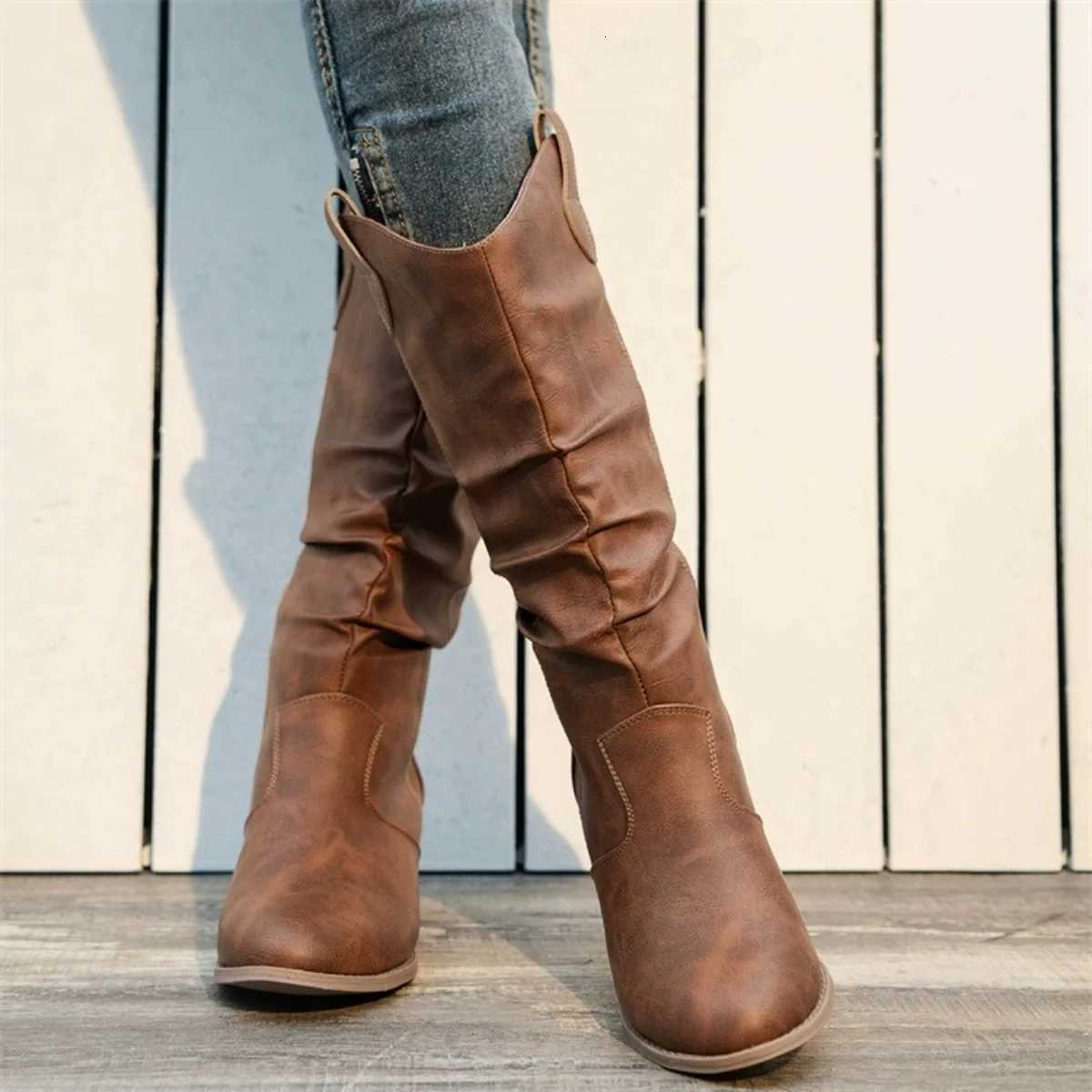 Western boots leather boots high top sleeve pleated thick with round head female Europe and America Z251029