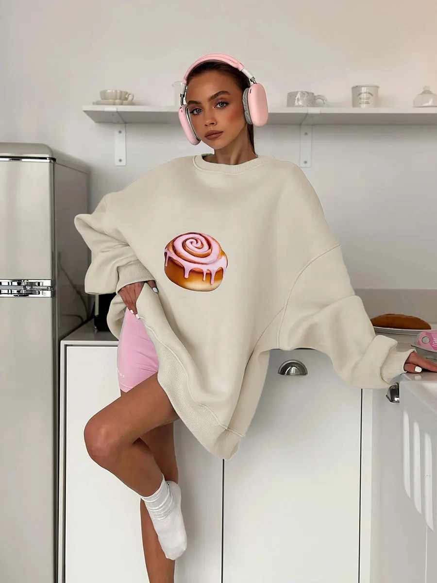 Sumuyoo Cake Printed Pullover Womens Autumn Winter Plush Loose Slimming Long Sleeves Sweatshirts Oneck Pullover Hoodie 251030