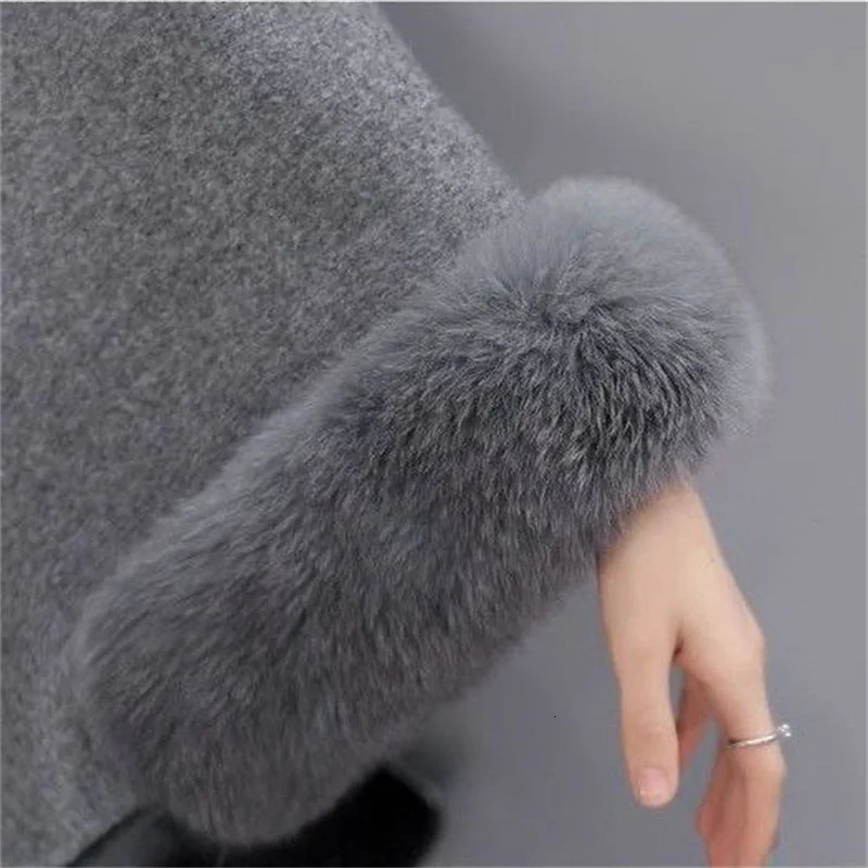 Autumn Winter Fashion Womens Long Fox Fur Collar Wooen Coat Cape Hepburn Style Woolen Plussize Top 251029