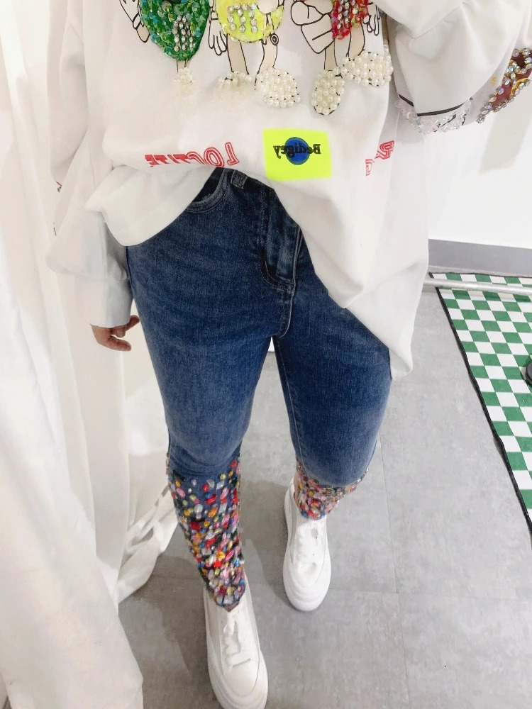 Women Street High Waist Jeans Autumn Heavy Industry n Color Diamond Comfortable Cotton Stretch Skinny Denim Pants 251029