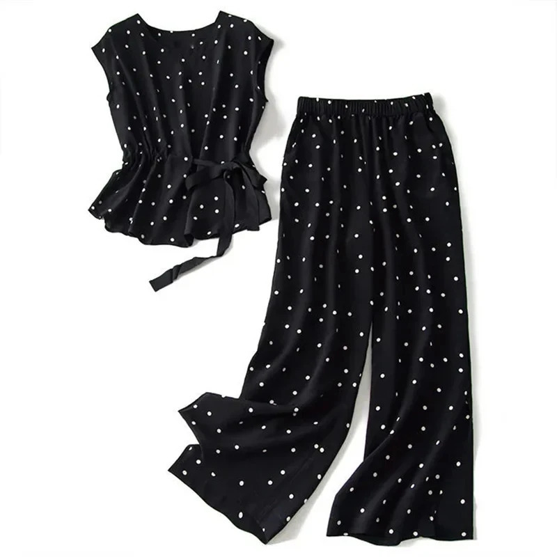 Two Piece Set Polka Dot ONeck Lace Up Short Sleeve Blouses Shirt Elastic High Waist Wide Leg AnkleLength Pants Sets For Women 251028