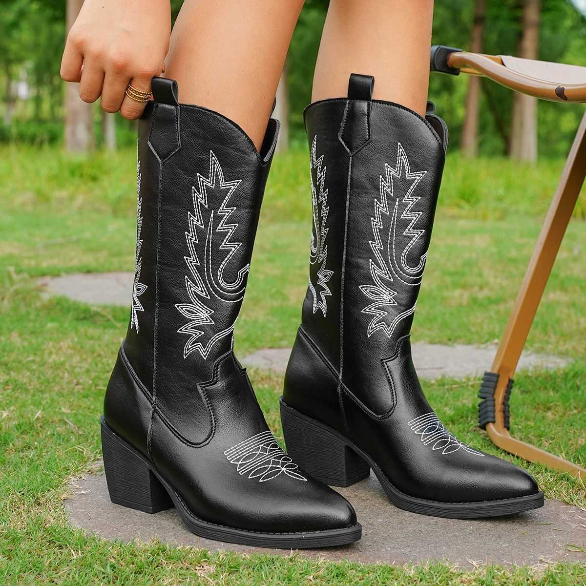 2025 Spring and Fall Fashion Pointy Solid Color Womens Midcalf Boots with Midheel Sleeves Embroidered Western Cowboy Boots Z251029