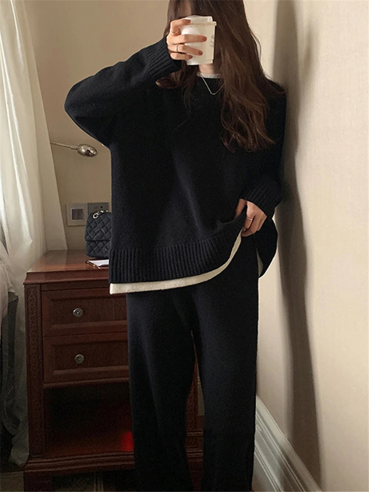 REALEFT Autumn Winter 2 Pieces Womens Sets Knitted Tracksuit Patchwork ONeck Sweater and Loose Wide Leg Pants Pullover Suits 251029