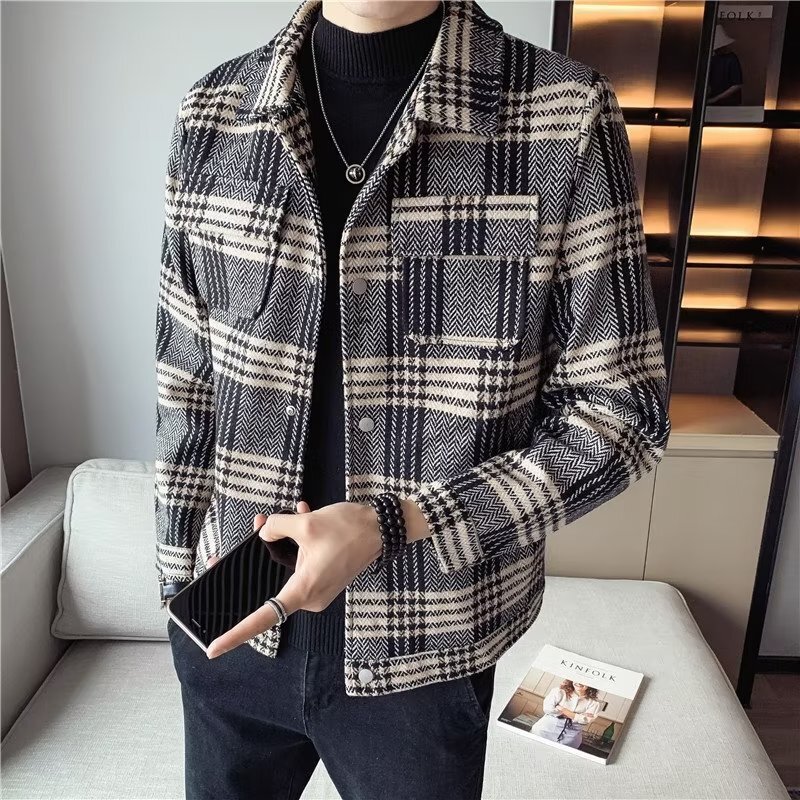 Handsome Plaid Woolen Jacket For Men Spring And Autumn Trendy Slim Fit Stylish Designer Jacket Trench Coat With Turn-down Collar Short Woolen Coat