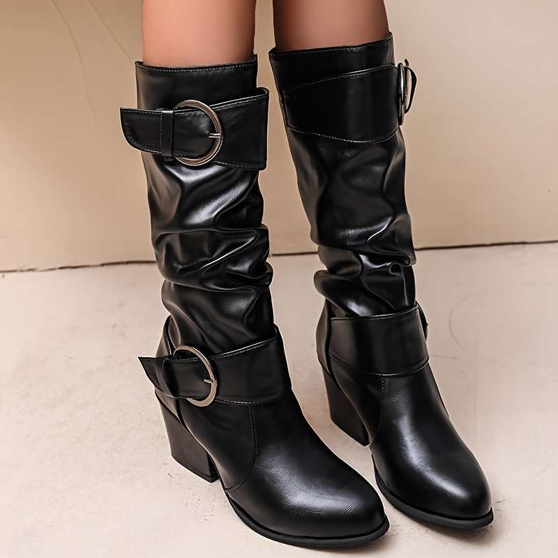 New European American Thick-Heeled High-Top Fashionable With Belt Buckle, Knee-High Long Boots For Women, Spring, Autumn And Winter