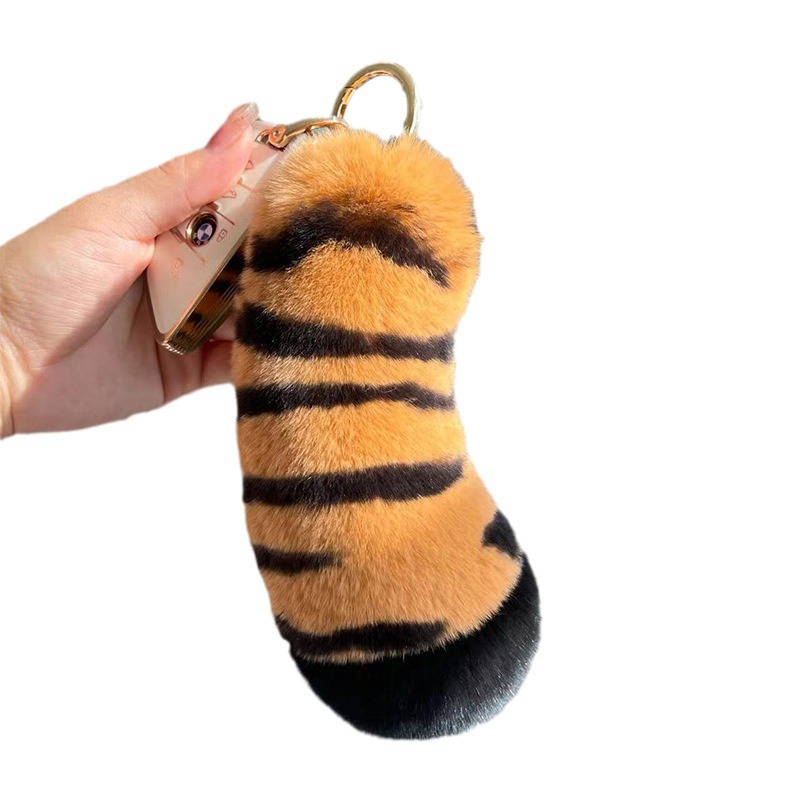Lovely Tiger Tail Rex Rabbit Fur Car Keychain Plush Decoration for Women's School Bags