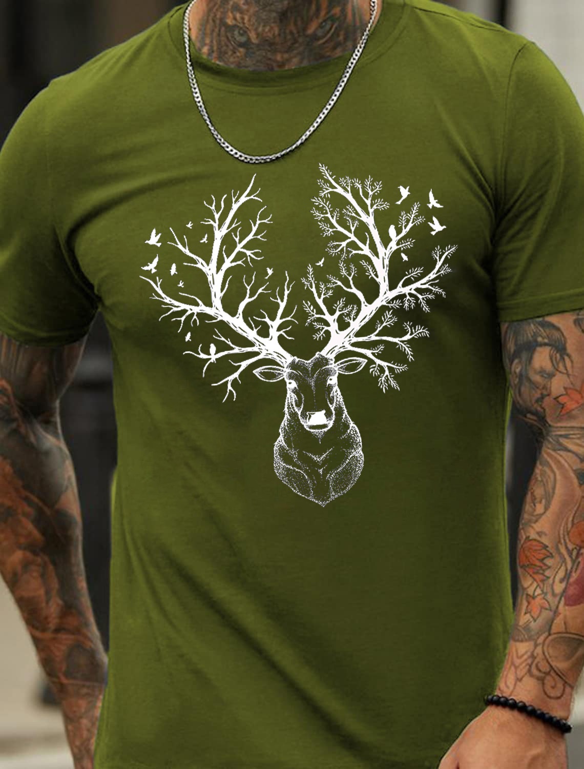 Europe & USA Oversized Forest Deer Print Men's Cotton Summer T-Shirt - TT7187