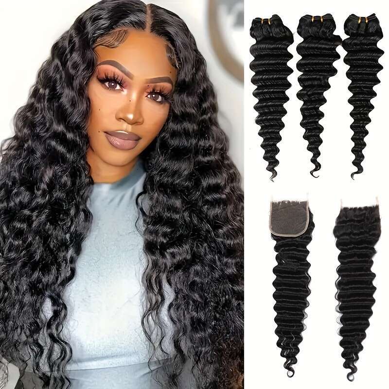 Brazilian Virgin Human Closure Unprocessed Hair Deep Wave Bundles With Transparent Lace 4X4 Free Part 4Pcs