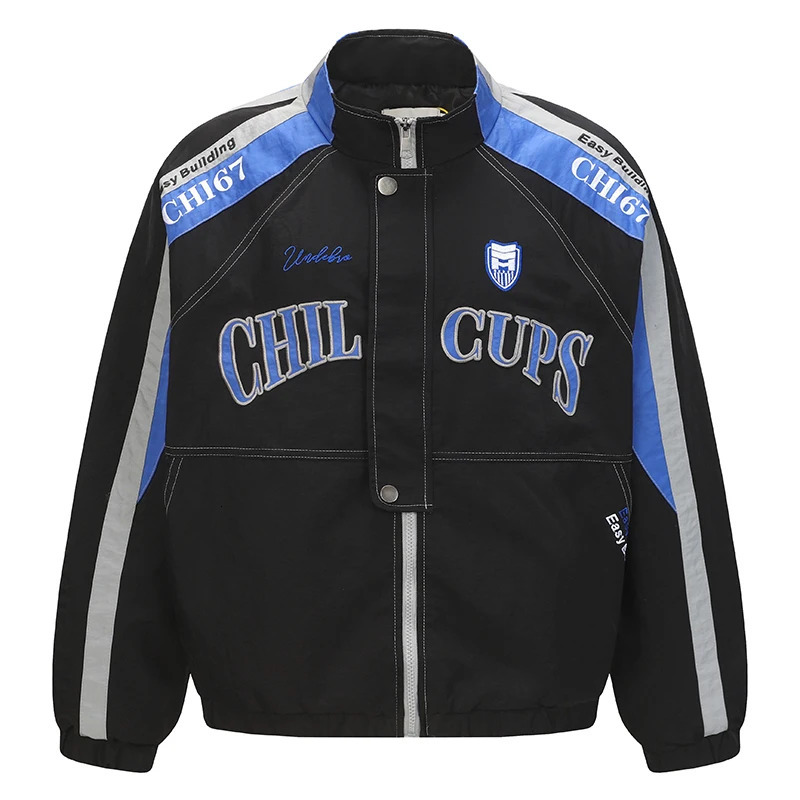 Mens Retro Racing Jacket Oversized Streetwear Windbreaker Color Block Zip Up Stand Collar Vintage Hip Hop Varsity Bomber Coats 251023