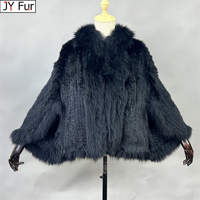 Real Genuine Natural Knitted Rabbit Fur Shawl Coat With Fox Fur Collar Womens Fashion Knit Jacket Cape 251029