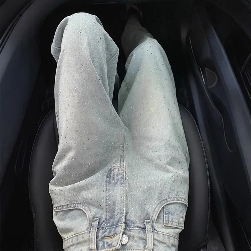 Retro Light Colored Heavy Rhinestone Straight Leg Denim Jeans Womens Casual High Waist Slimming Wide Leg Pants n Spring 20 251029