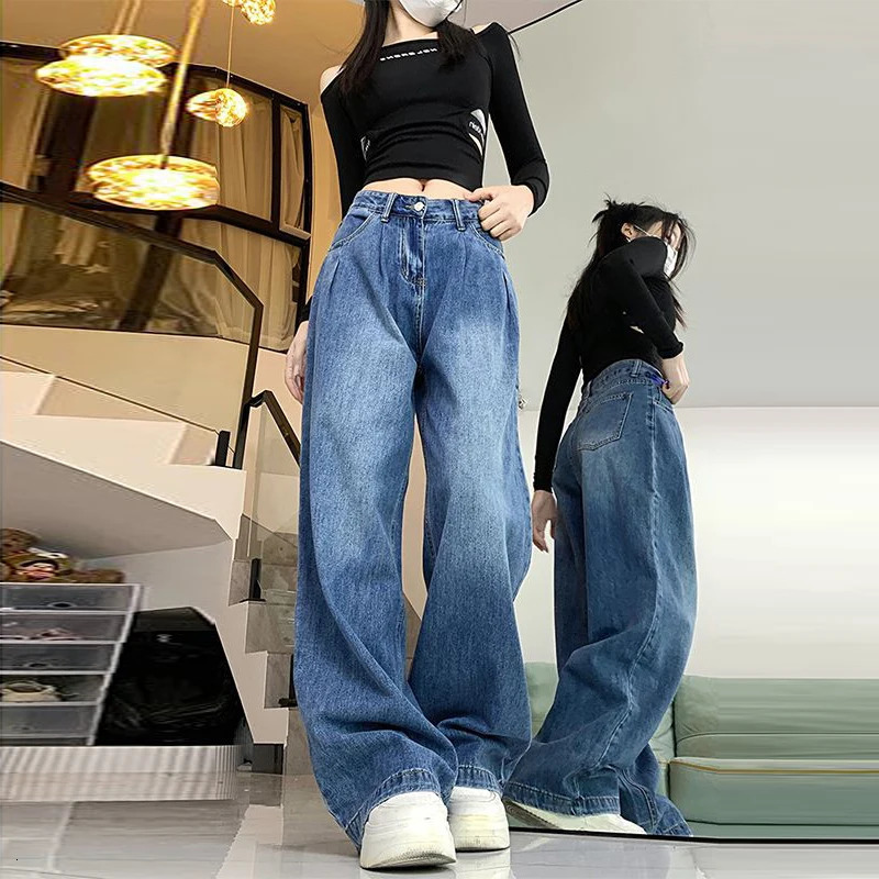 Women Korean Vintage Simple Casual Streetwear Y2K Wide Leg Jeans Female High Waist Loose Pockets Straight Denim Pants Pantalones 251029