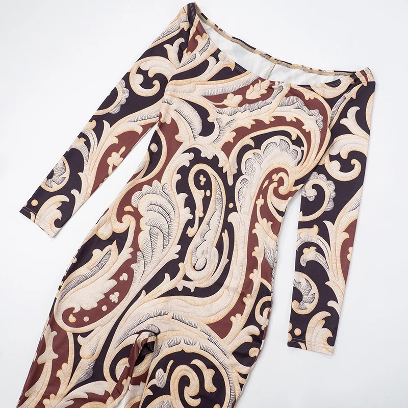 CUTENOVA Fall Colorful Printed WomenS Jumpsuit OneShoulder Strapless Long Sleeves Slim Fit Elastic Ankles Female 251028